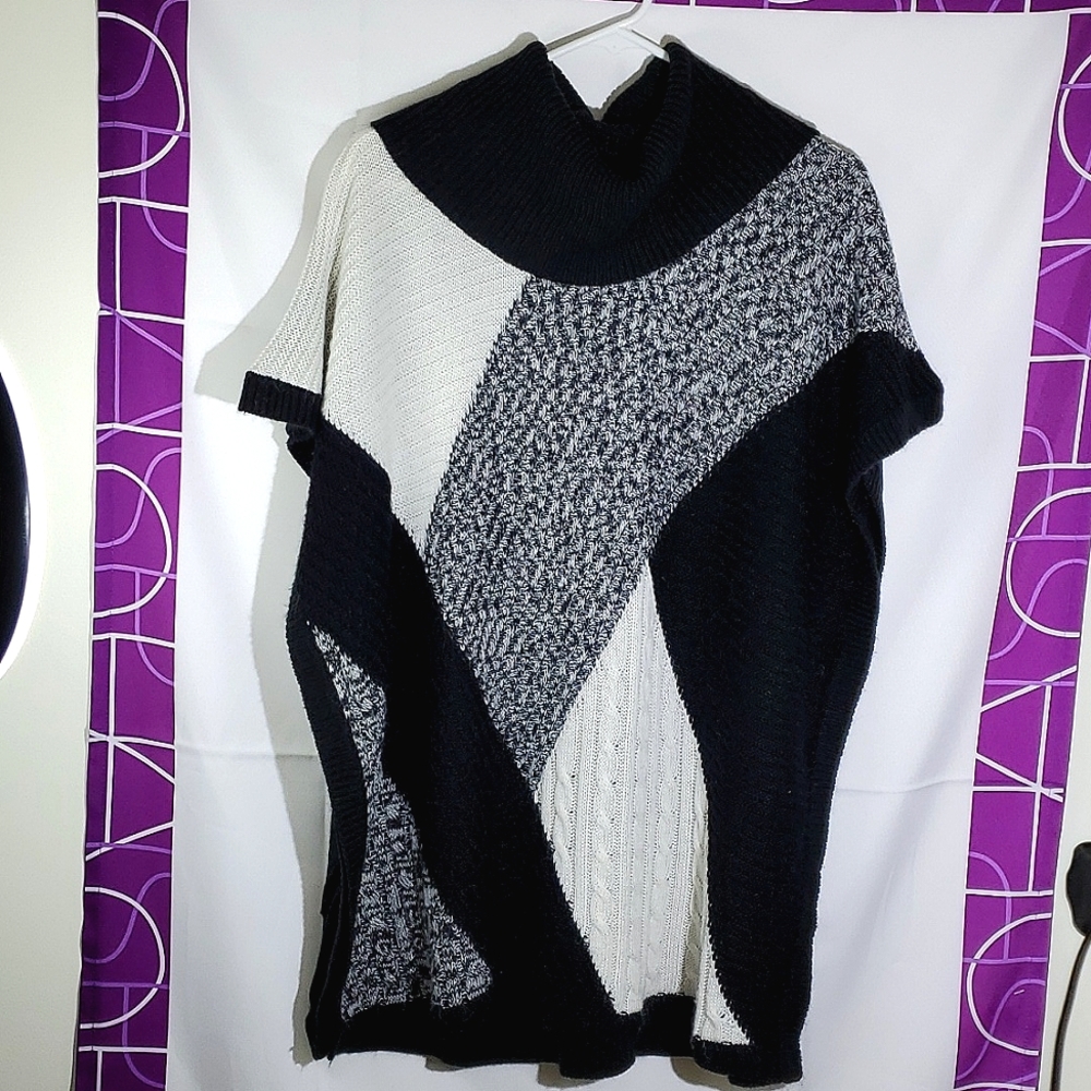 Reitmans White/Black Mixed Knit Poncho/Sweater with Cowl Neck - Small/Medium